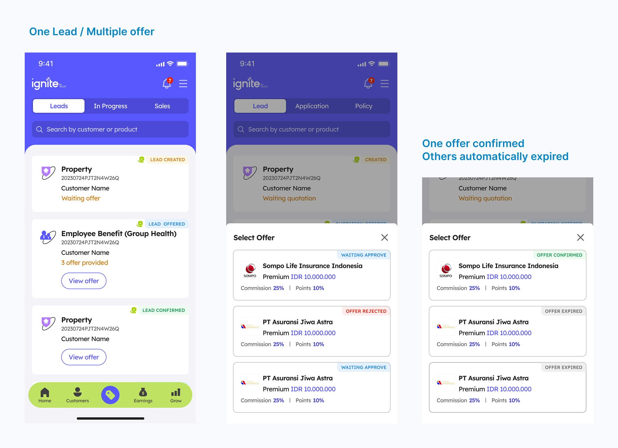 Lead list and multiple Offer selection sheets showing different Offer states