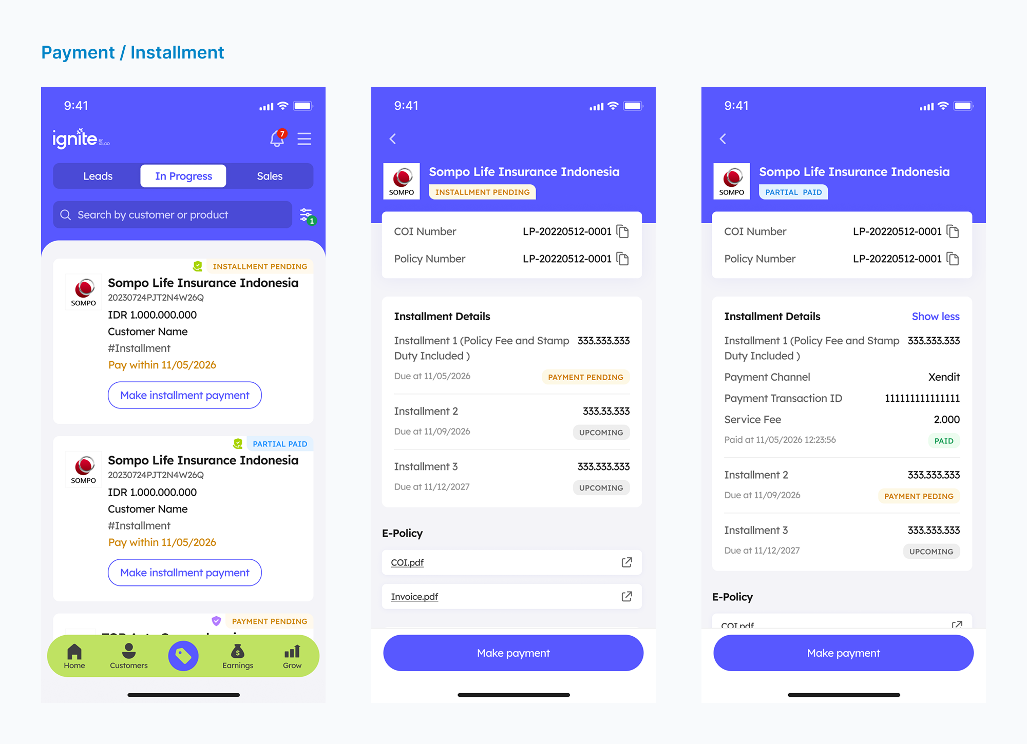 In Progress list and installment details showing payment due and partly paid states